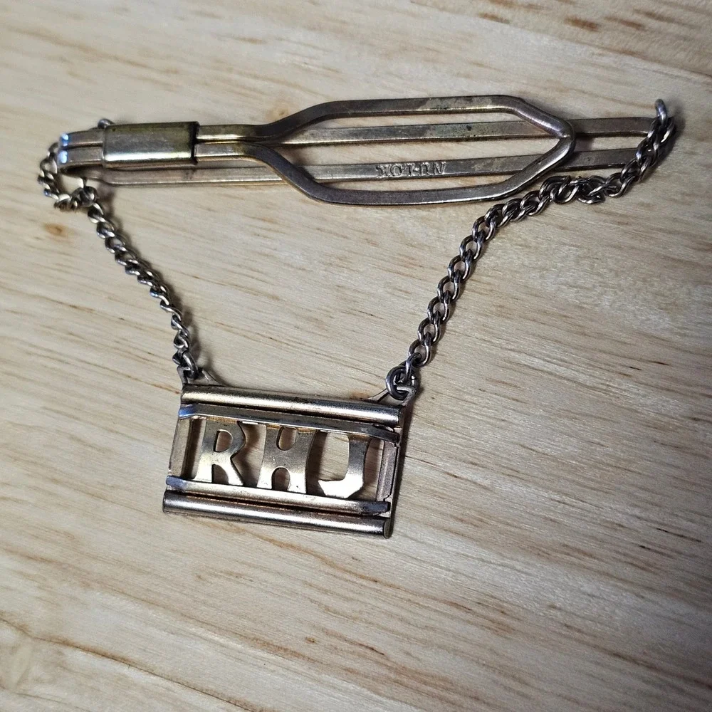 Vintage RHJ Monogram Tie Clip Chain Silver Tone Men Accessory